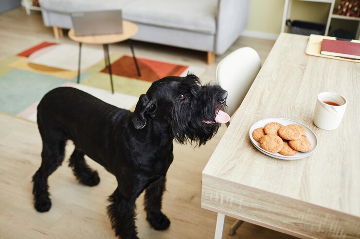 black dog standing near kitchen table