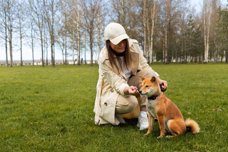 woman feeding cute shiba inu dog