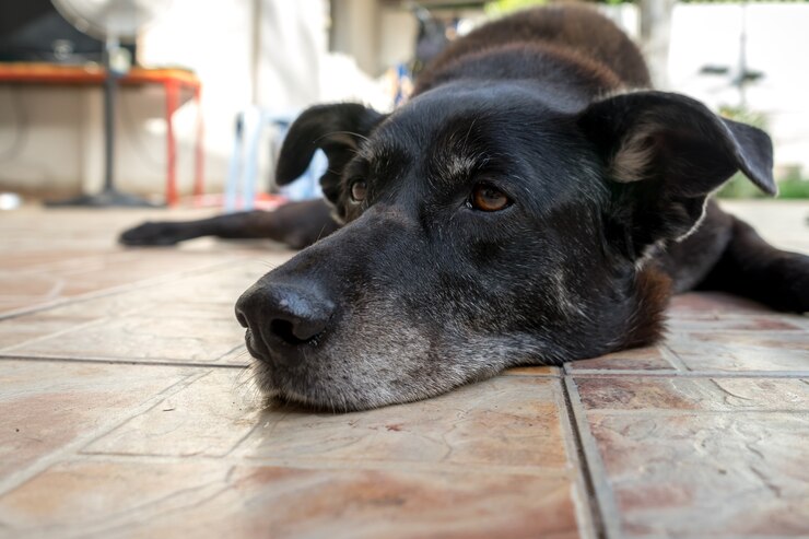 old dog resting tiled surface