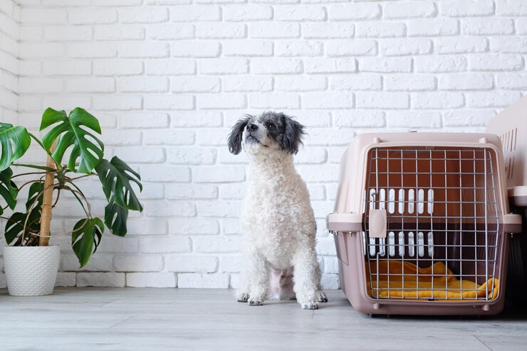 dog sitting by travel pet carrier