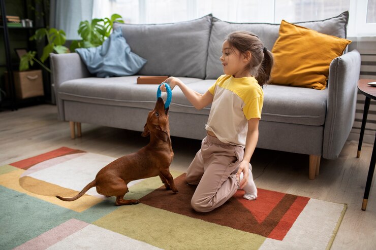 beautiful dachshund playing with kid