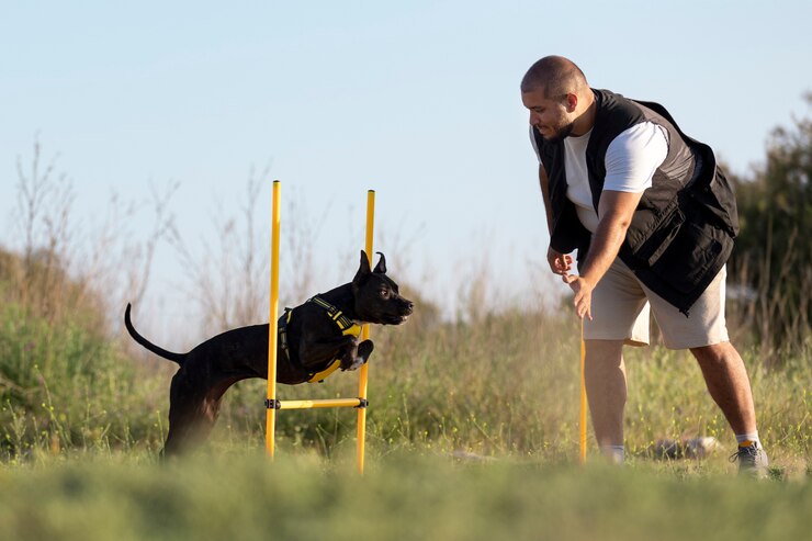 dog trainer teaching dog run though obstacles