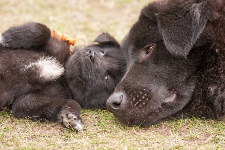 mountain dog lying grass with its puppy