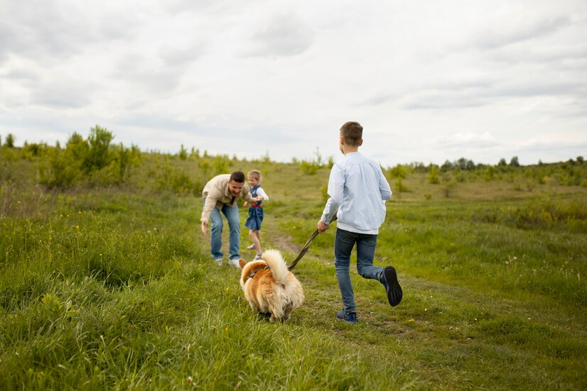 happy family with dog nature