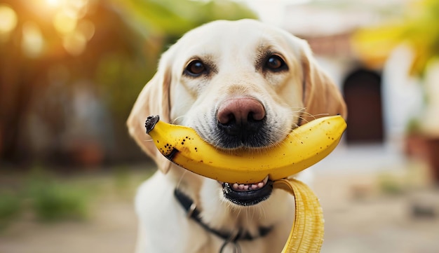 playful dog puppy with banana in mouth